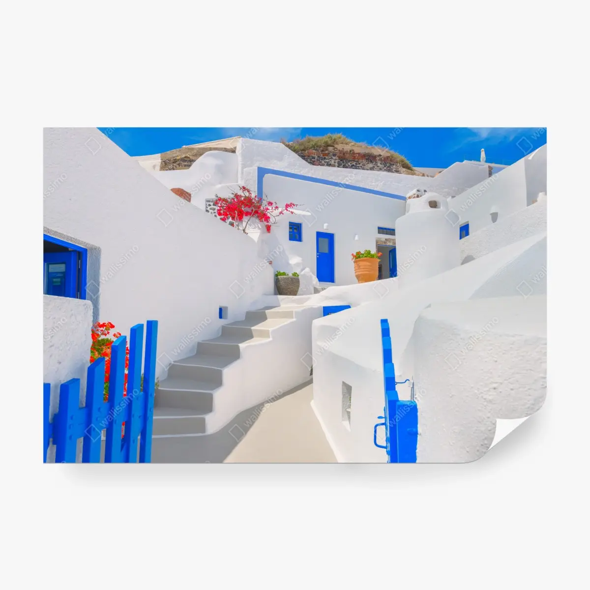 Wall mural Santorini whitewashed houses with blue accents ⁕ Wallissimo® Wall mural Santorini whitewashed houses with blue accents ⁕ Wallissimo®
