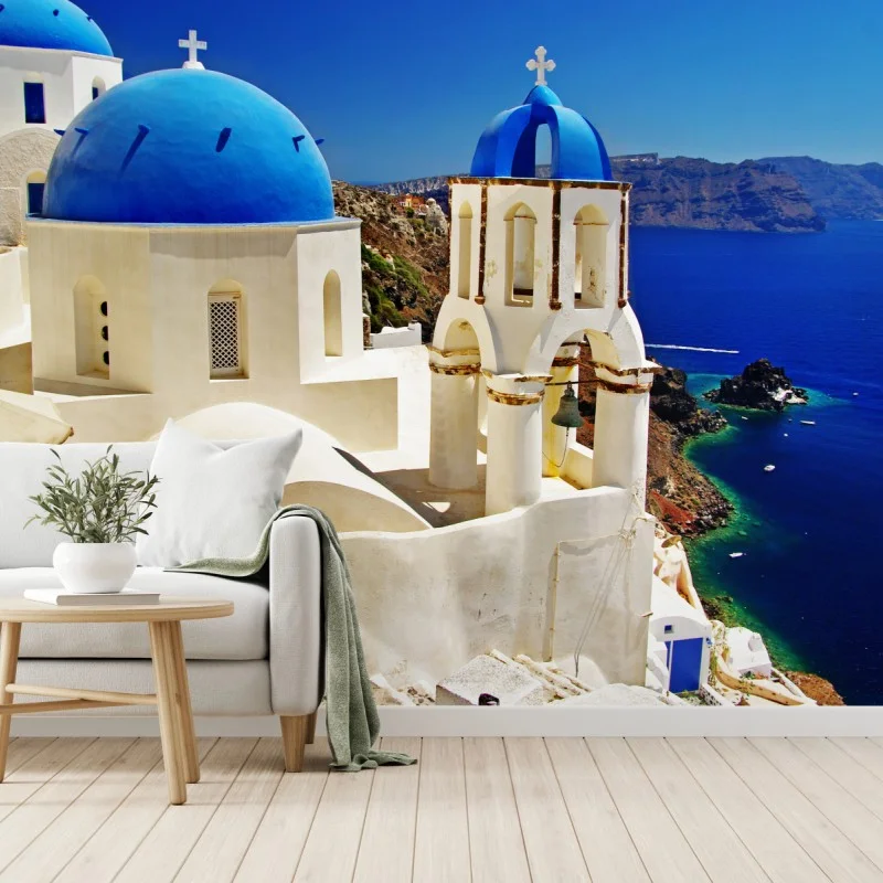 Wall mural Santorini blue domes seaside view