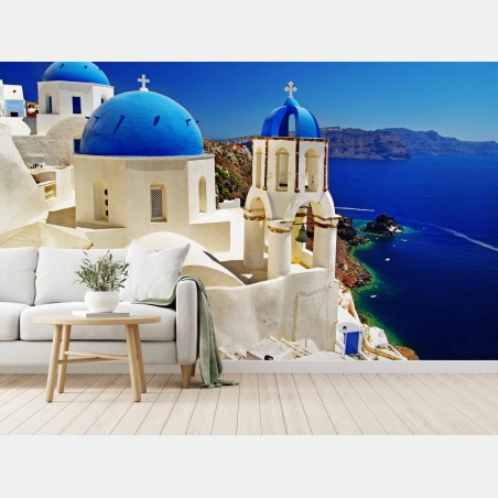 Wall mural Santorini blue domes seaside view • Wallissimo®