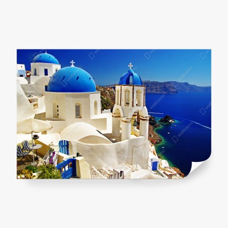 Wall mural Santorini blue domes seaside view • Wallissimo®