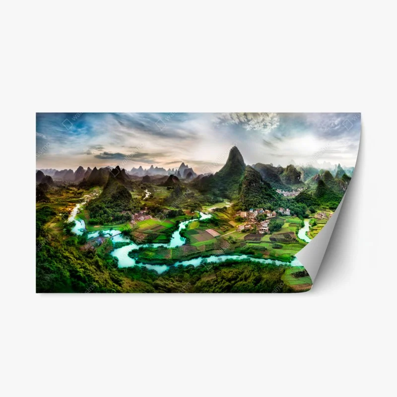 Repositionable sticker emerald river through karst mountains panorama