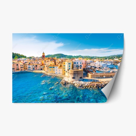 Repositionable sticker sunlit Mediterranean harbor cityscape • Wallissimo®