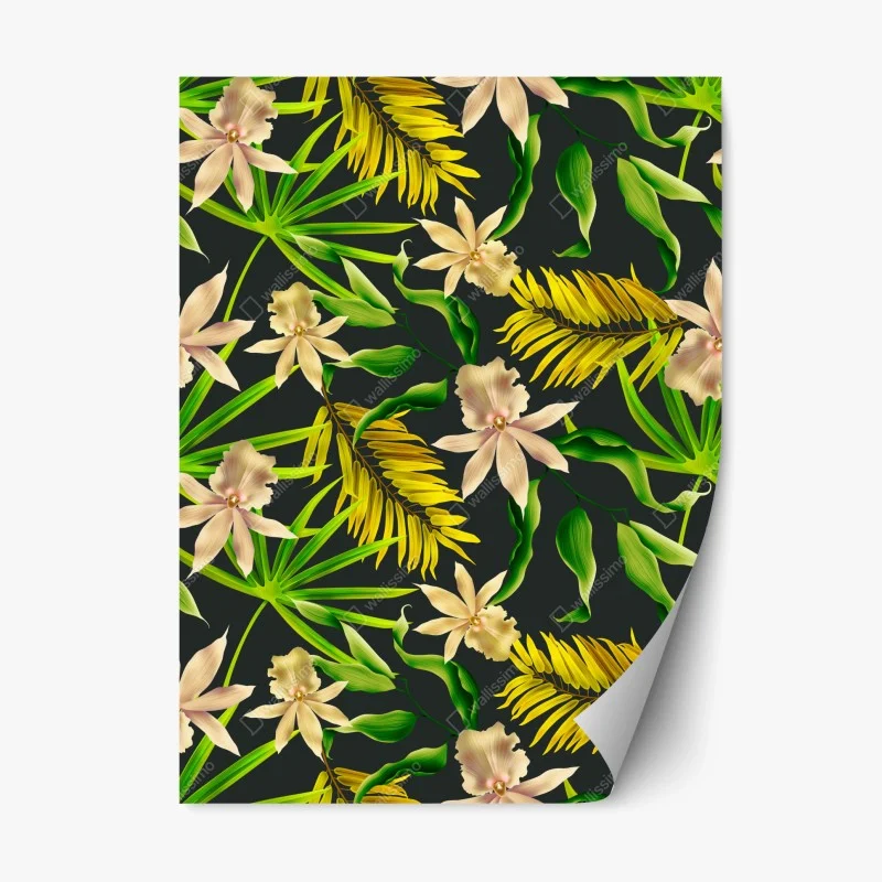 Repositionable sticker tropical orchid floral pattern on dark background