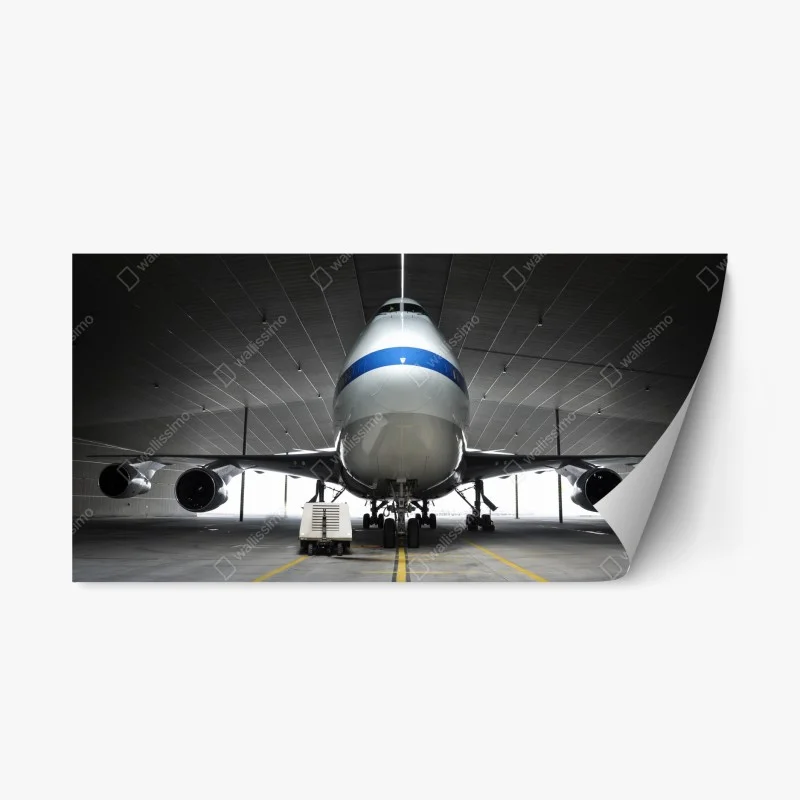 Repositionable sticker front-facing cargo jet in hangar
