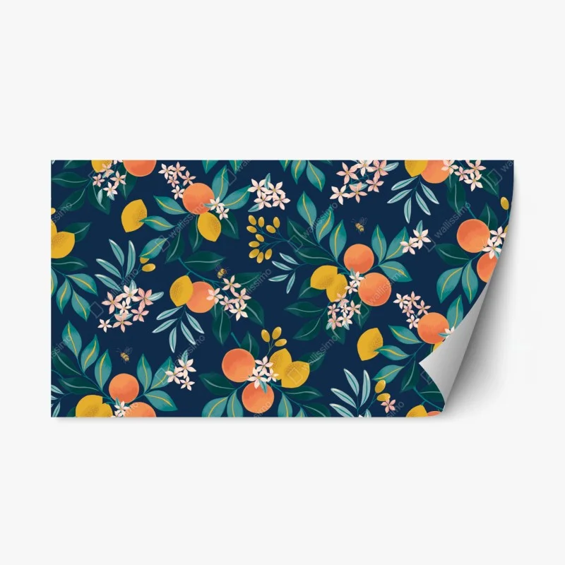 Repositionable sticker citrus blossom botanical pattern on navy