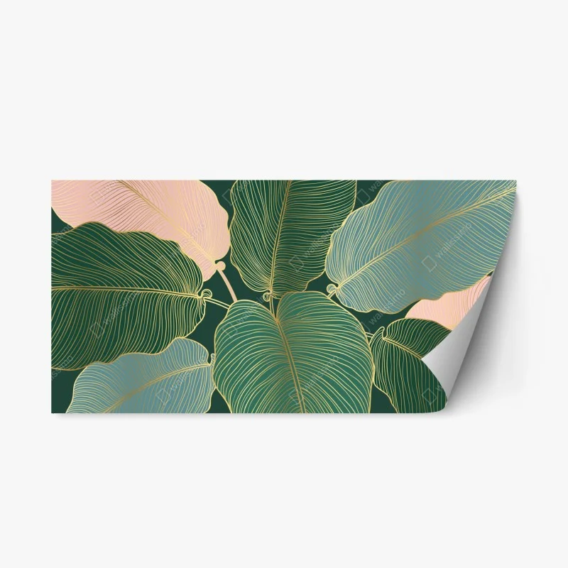 Repositionable sticker gold-lined tropical leaves print