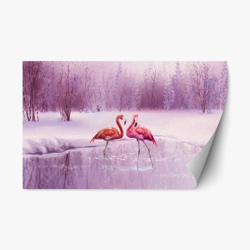 Repositionable sticker pastel flamingo duet on a winter pond
