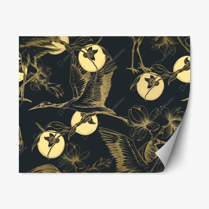 Repositionable sticker golden cranes and moon pattern