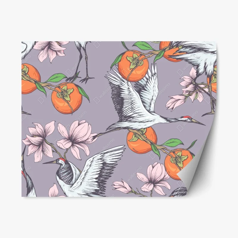 Repositionable sticker graceful cranes and persimmon blossoms pattern