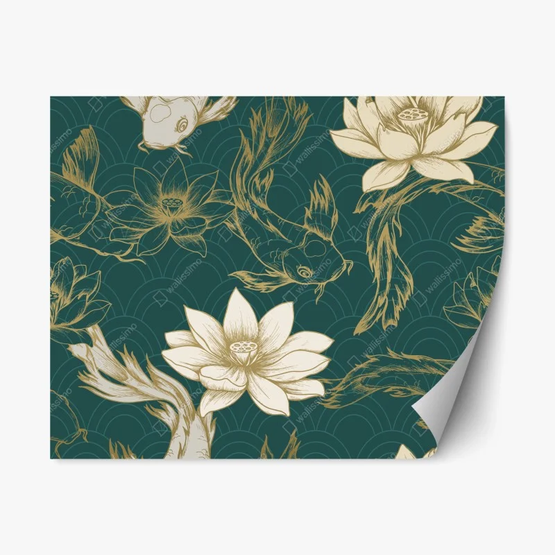 Repositionable sticker oriental koi and lotus pattern in teal and gold