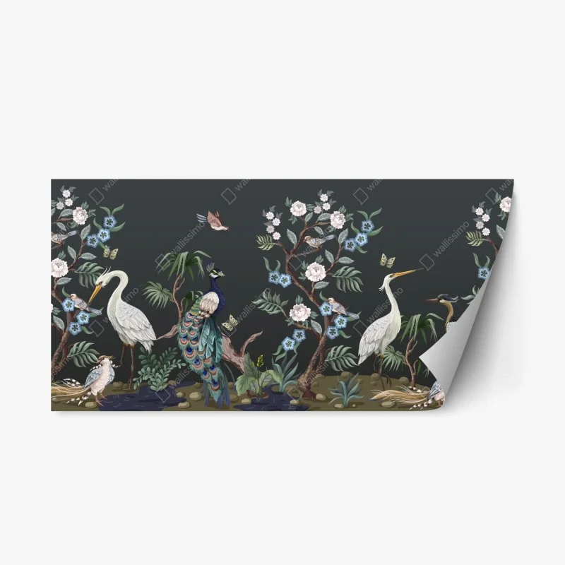 Repositionable sticker peacock and herons botanical scene