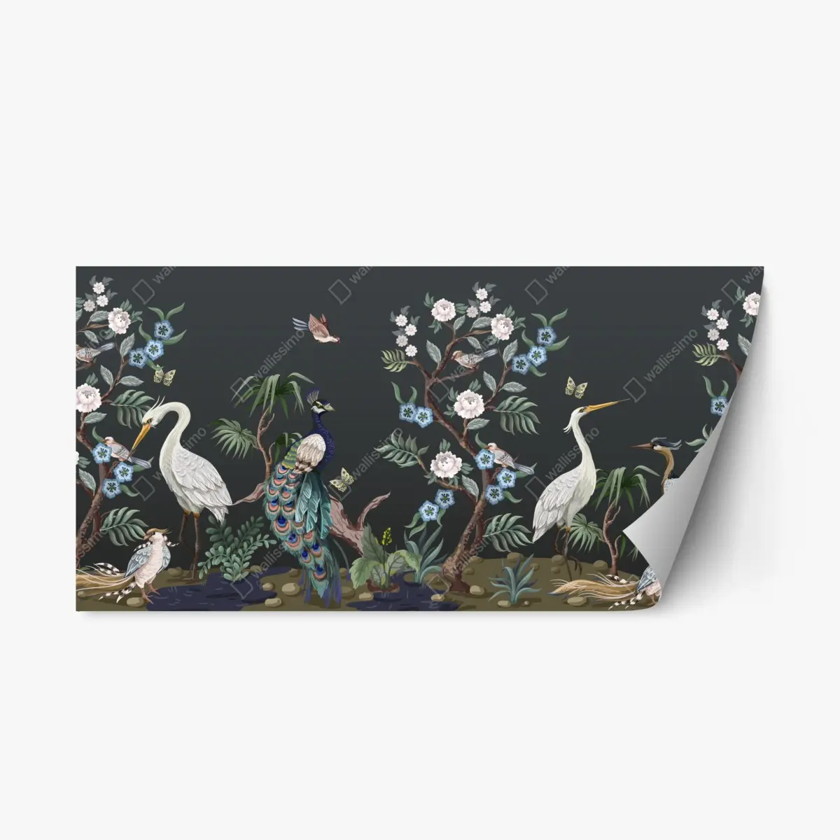 Repositionable sticker peacock and herons botanical scene • Wallissimo® Repositionable sticker peacock and herons botanical scene • Wallissimo®