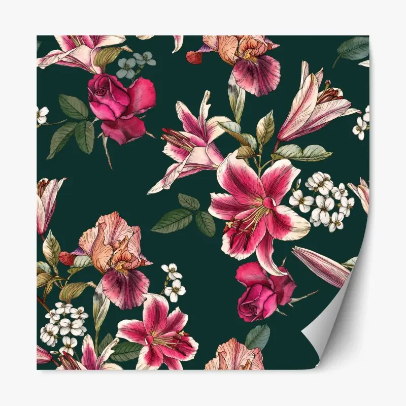 Repositionable sticker vintage botanical floral pattern on deep green
