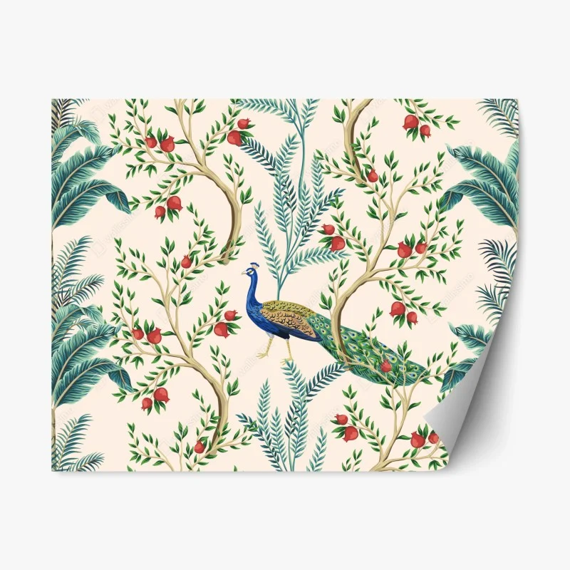 Repositionable sticker peacock among pomegranate branches
