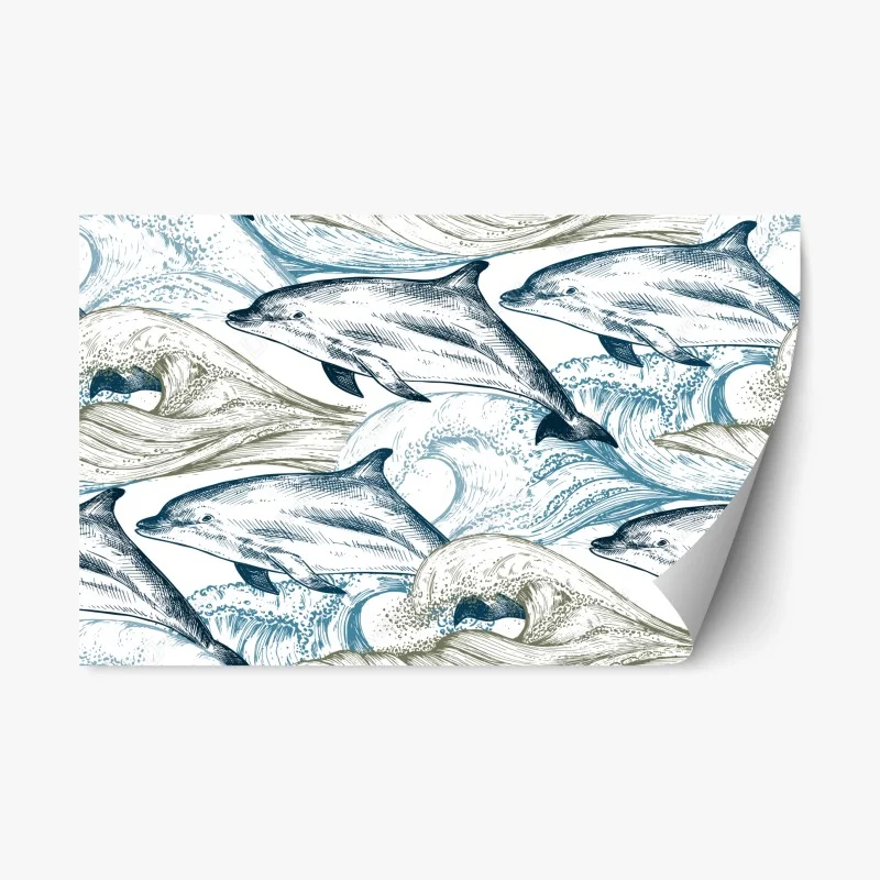 Repositionable sticker vintage dolphins ocean illustration