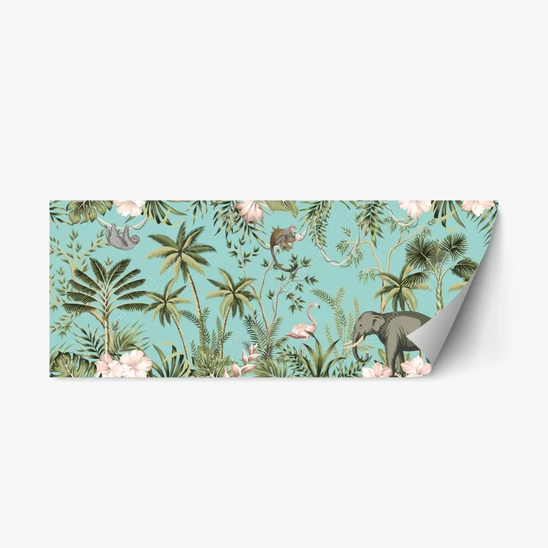 Repositionable sticker tropical jungle scene with elephant and flamingo