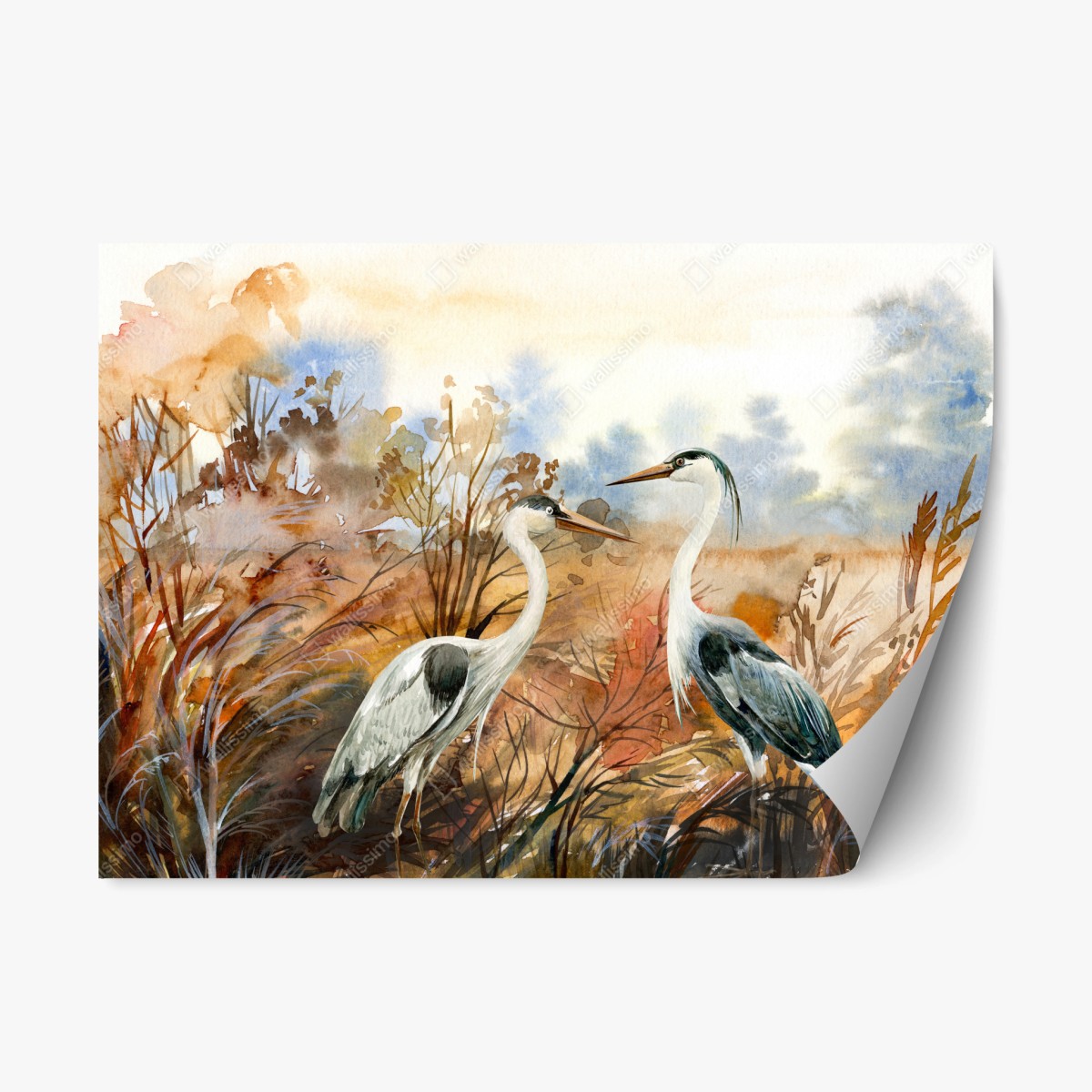 Repositionable sticker two herons in autumn marsh • Wallissimo® Repositionable sticker two herons in autumn marsh • Wallissimo®