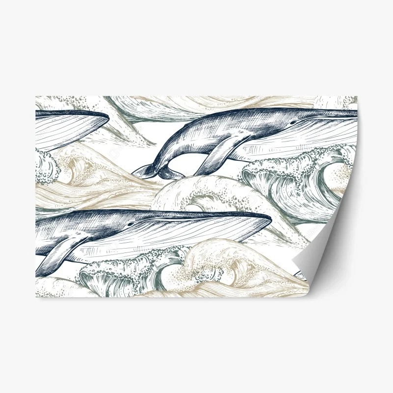 Repositionable sticker hand-drawn whales and ocean waves pattern