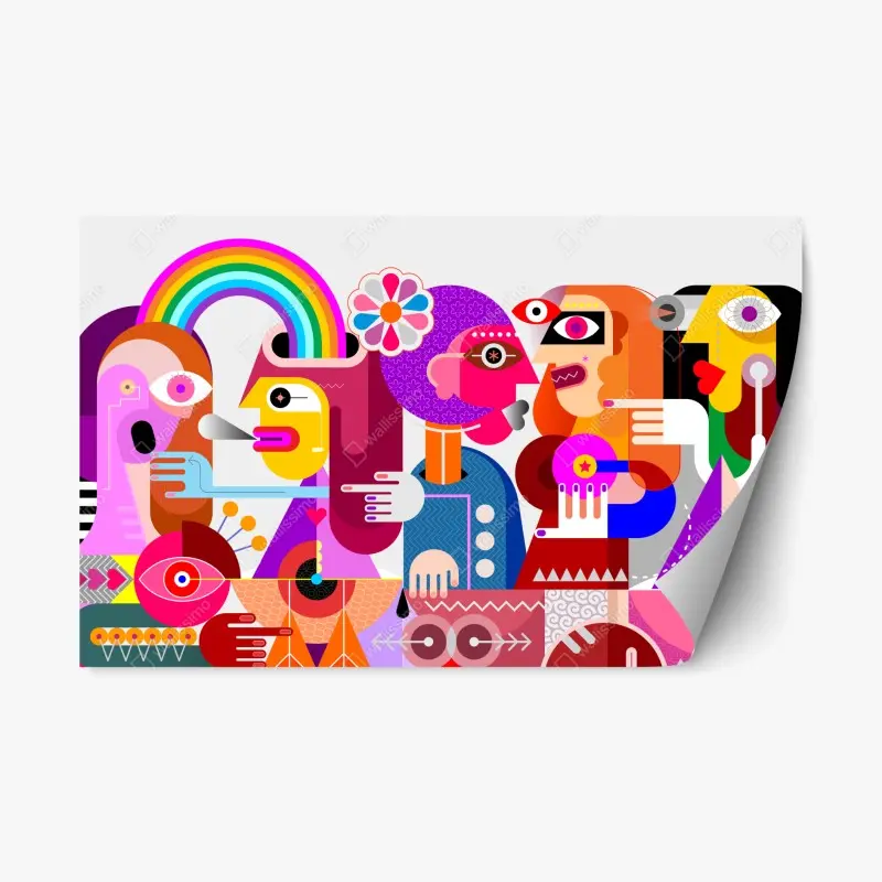 Repositionable sticker man with rainbow riding geometric bird