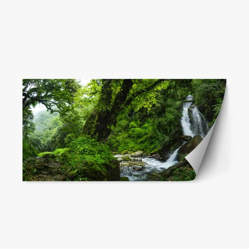 Repositionable sticker lush green waterfall forest landscape