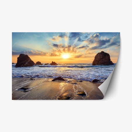 Repositionable sticker sunset over rocky coast • Wallissimo®