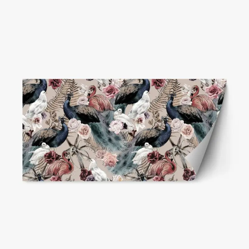 Repositionable sticker watercolor birds and roses pattern