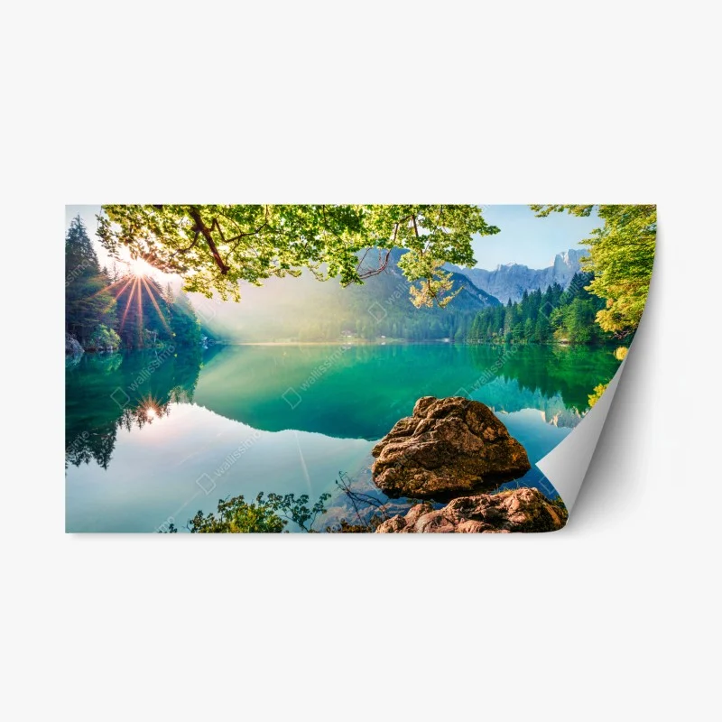 Repositionable sticker morning at Fusine lake with Mangart peak