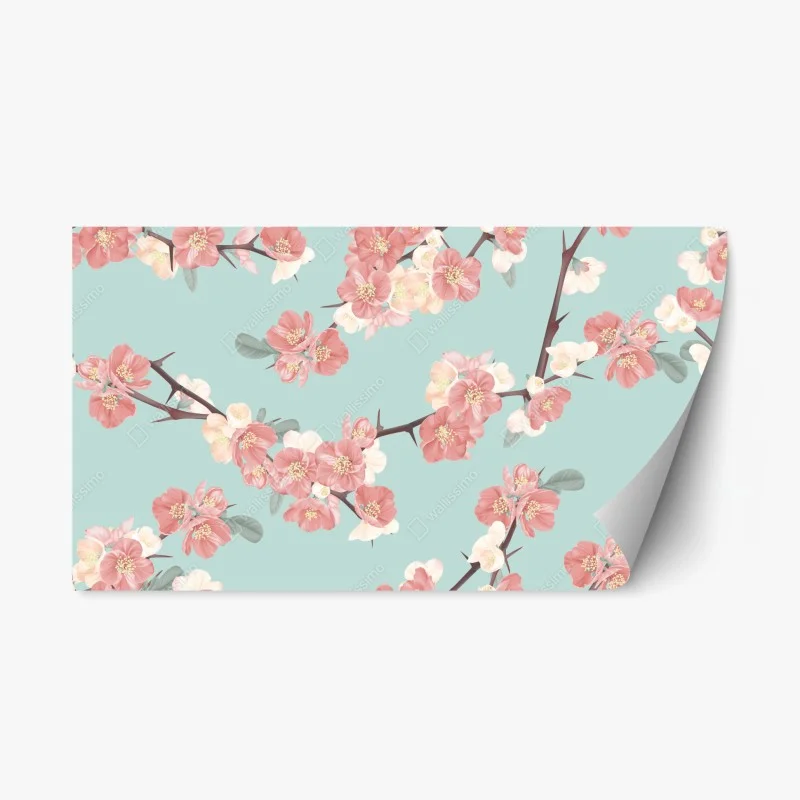 Repositionable sticker pastel cherry blossom pattern on turquoise