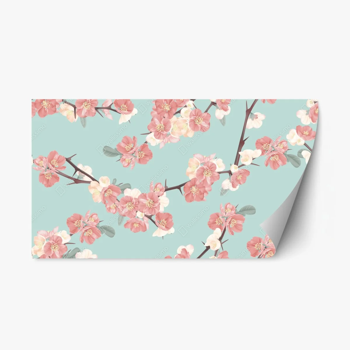 Repositionable sticker pastel cherry blossom pattern on turquoise • Wallissimo® Repositionable sticker pastel cherry blossom pattern on turquoise • Wallissimo®