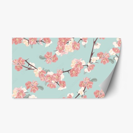 Repositionable sticker pastel cherry blossom pattern on turquoise • Wallissimo®