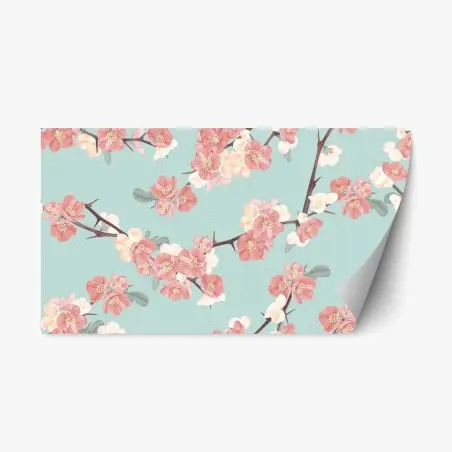 Repositionable sticker pastel cherry blossom pattern on turquoise • Wallissimo®
