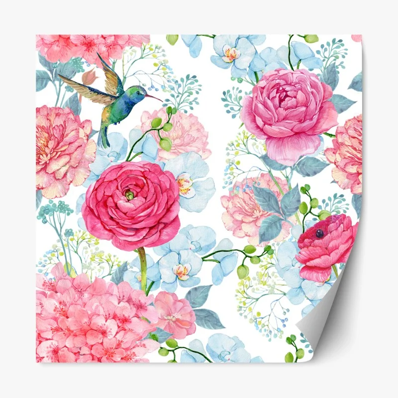 Repositionable sticker pink watercolor floral garden with hummingbird