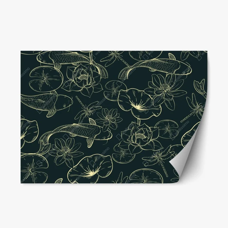 Repositionable sticker hand-drawn koi and lotus pattern