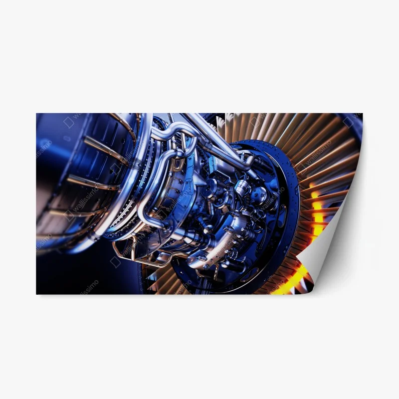 Repositionable sticker jet engine turbine close-up in blue and orange