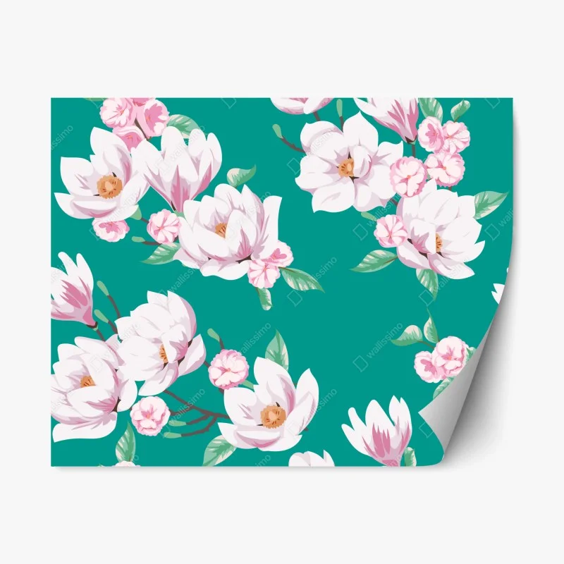 Repositionable sticker pastel magnolia floral pattern on turquoise