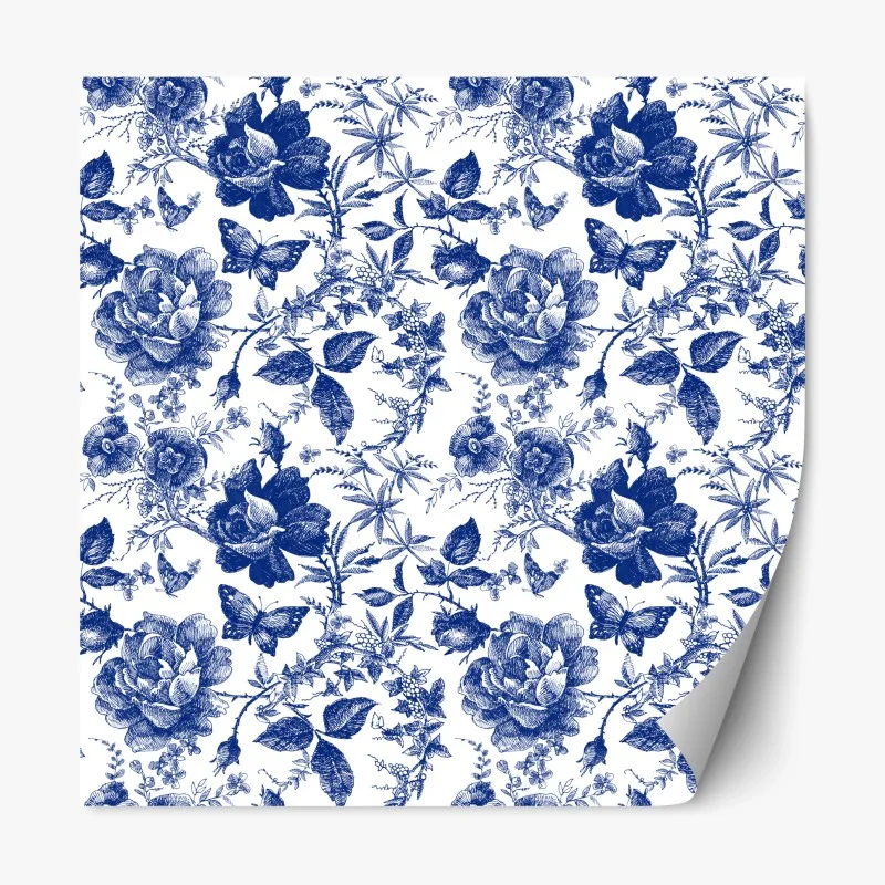 Repositionable sticker blue floral toile pattern