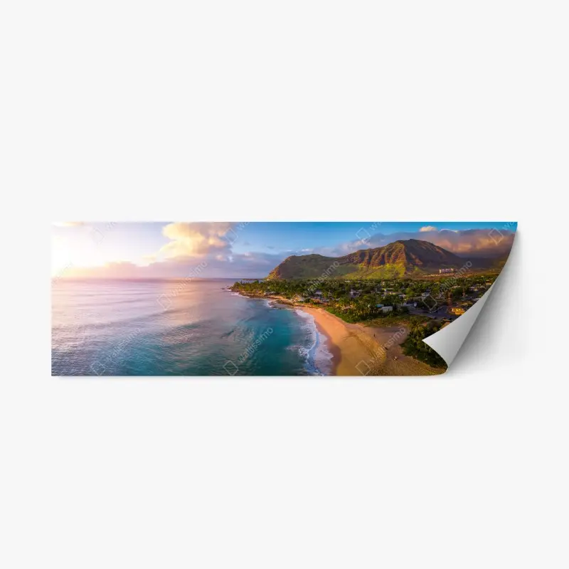 Repositionable sticker sunset beach panorama with tropical mountains