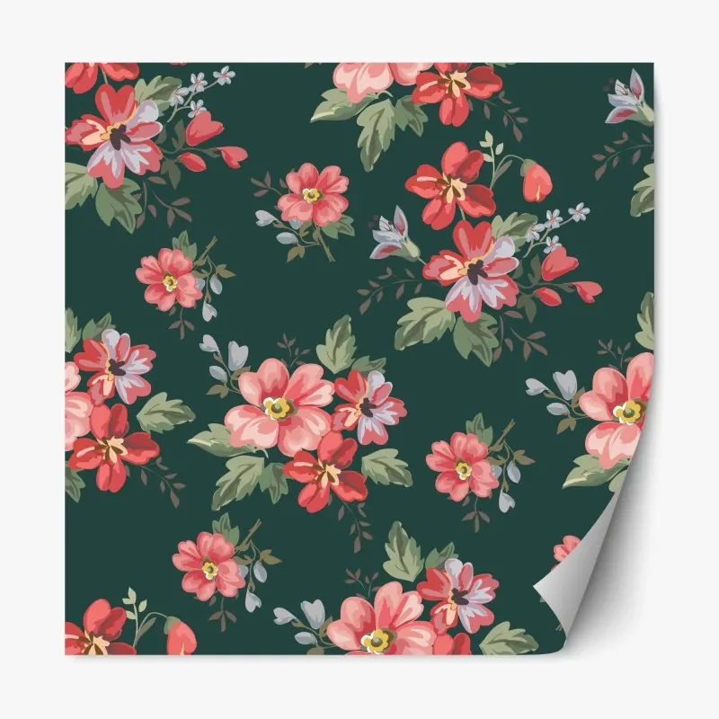 Repositionable sticker vintage pink floral pattern on deep green