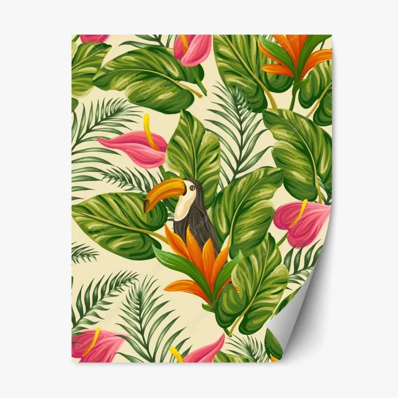 Repositionable sticker tropical toucan botanical pattern