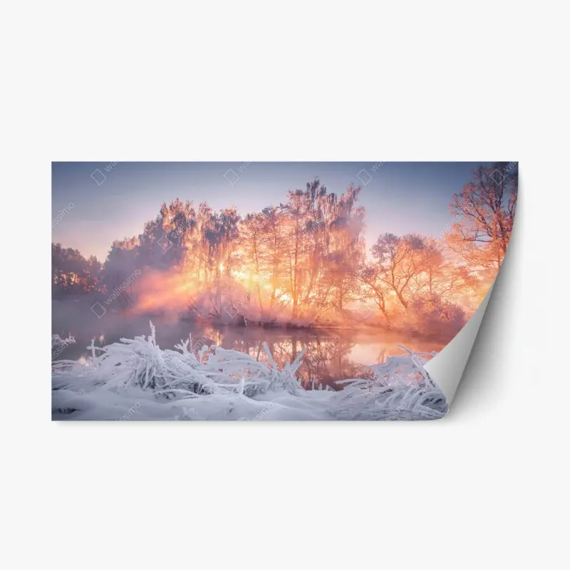 Repositionable sticker winter sunrise over frozen river