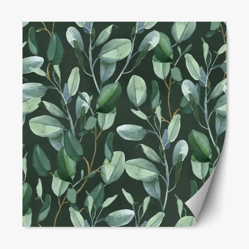 Repositionable sticker eucalyptus leaves watercolor pattern on dark green