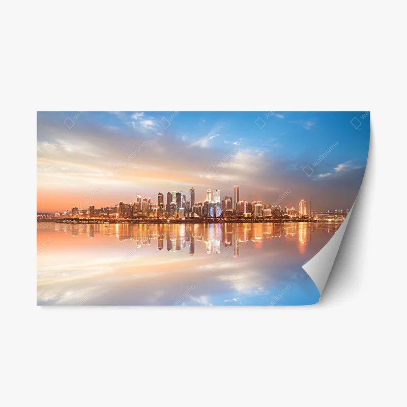 Repositionable sticker city skyline reflected at dusk