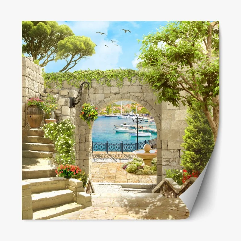 Repositionable sticker Mediterranean seaside archway escape