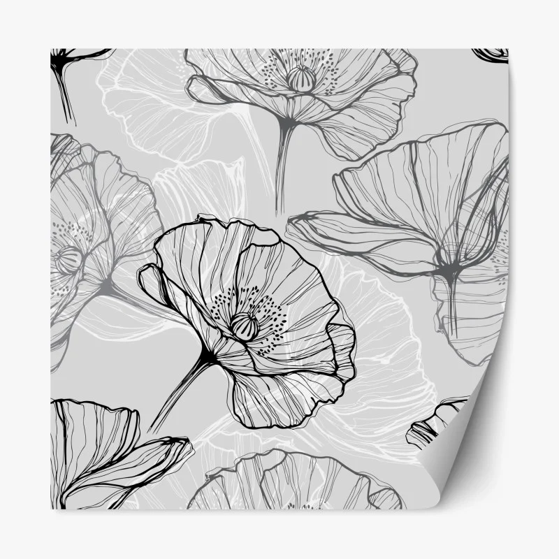 Repositionable sticker delicate gray poppy line art