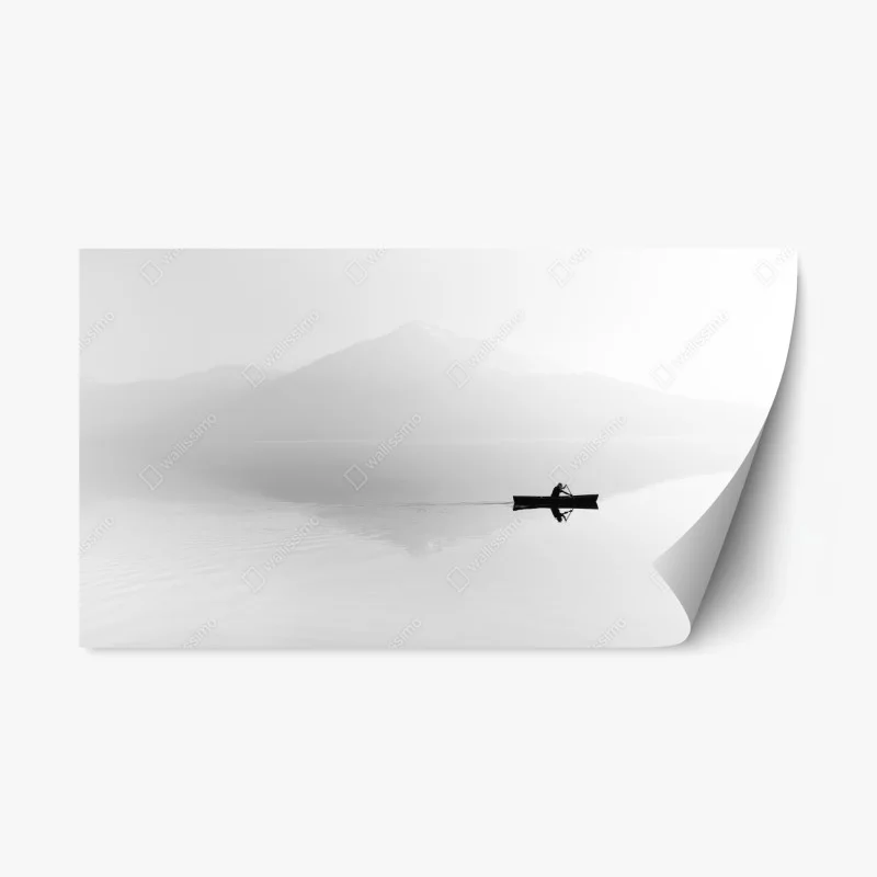 Repositionable sticker solitary rower on misty lake