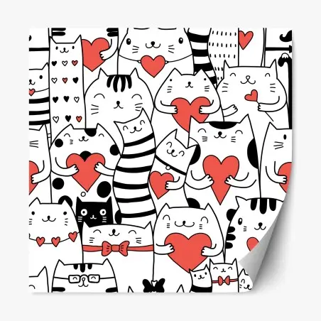 Repositionable sticker cute cats with hearts pattern • Wallissimo®