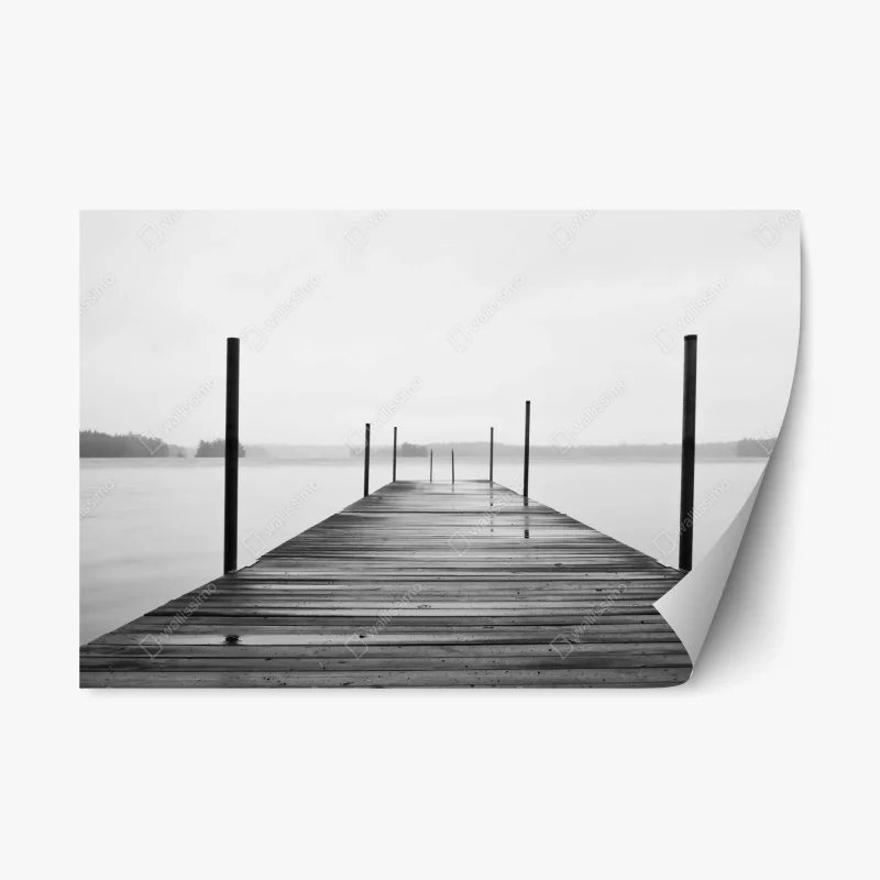 Repositionable sticker misty lake pier in monochrome