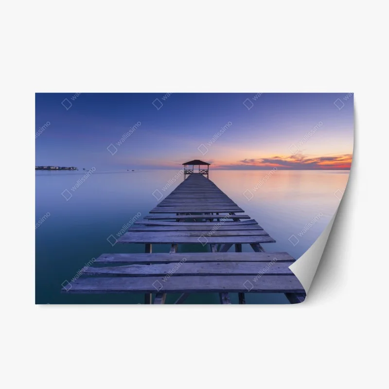 Repositionable sticker tranquil wooden pier at sunset