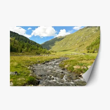 Repositionable sticker alpine mountain stream in a sunlit valley • Wallissimo®