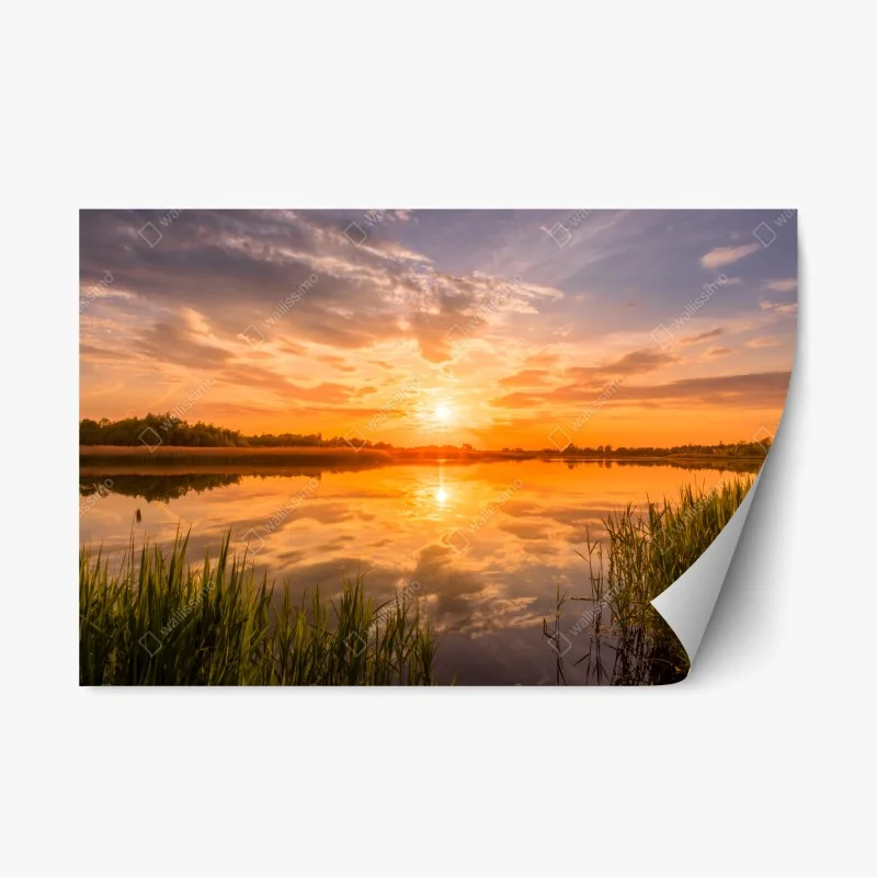 Repositionable sticker golden sunset over tranquil lake